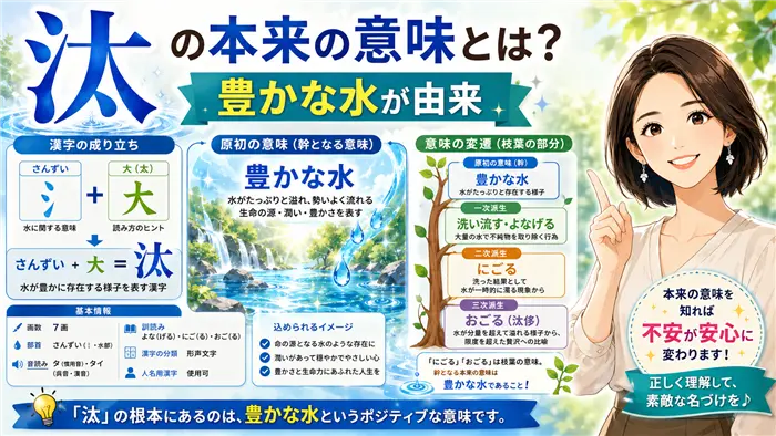 「汰」という漢字の本来の意味や成り立ちを、豊かな水の流れと漢字の構造イメージで表現し、派生した意味ではなく「豊かな水」という根本的な意味を分かりやすく解説する画像