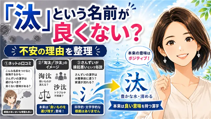 「汰」という名前が良くないと言われる理由を、ネット上の口コミ・淘汰や沙汰のイメージ・さんずいの俗説という3つの不安要素から分かりやすく整理し、本来の意味をやさしく解説する画像