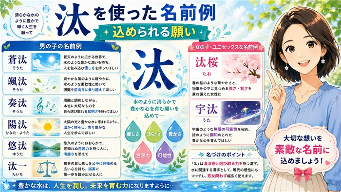 「汰」を使った男の子・女の子の名前例と込められる願いを、清らかな水や自然のモチーフとともに紹介し、名前ごとの意味や親の想いが一目で伝わる名づけ画像