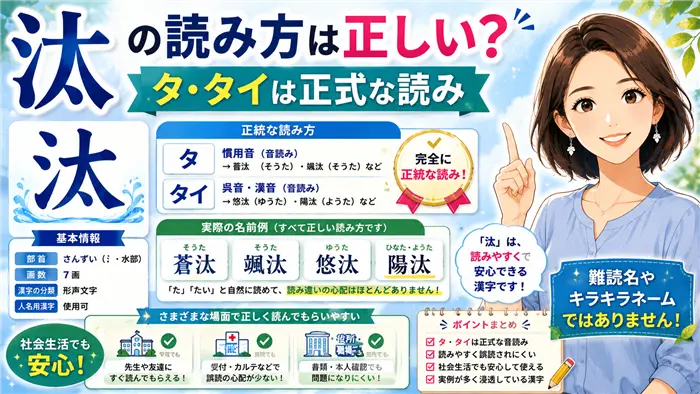 「汰」の読み方が正式な漢字の音読みであり、名前として正しく使えることを、実例やチェックマークを用いて分かりやすく解説し、読み間違いの不安を安心へ変える画像