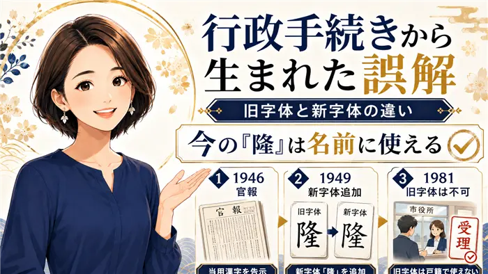 「隆」という漢字が行政手続きから名前に良くないと誤解された背景を、旧字体と新字体の違い、1946年・1949年・1981年の流れ、現在の「隆」は名前に使えることを示して解説する画像