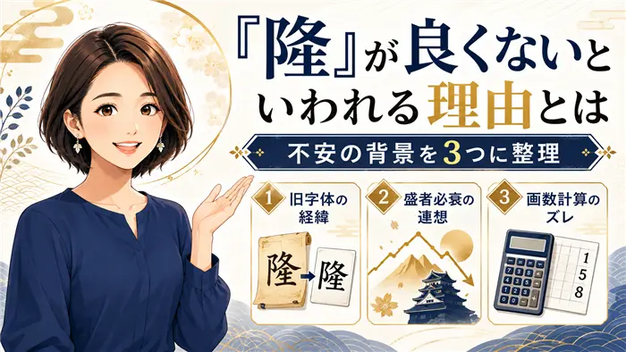 「隆」という名前が良くないといわれる理由を、旧字体の経緯・盛者必衰の連想・画数計算のズレの3つに整理し、名づけ相談室の女性キャラクターがわかりやすく解説する画像