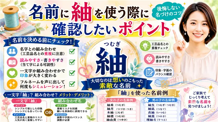 「紬」を名前に使う際の注意点を、名字との組み合わせや読みやすさ、一文字名と組み合わせ名の違い、男女別の名前例とともに分かりやすく整理した女性キャラクター付きの解説画像