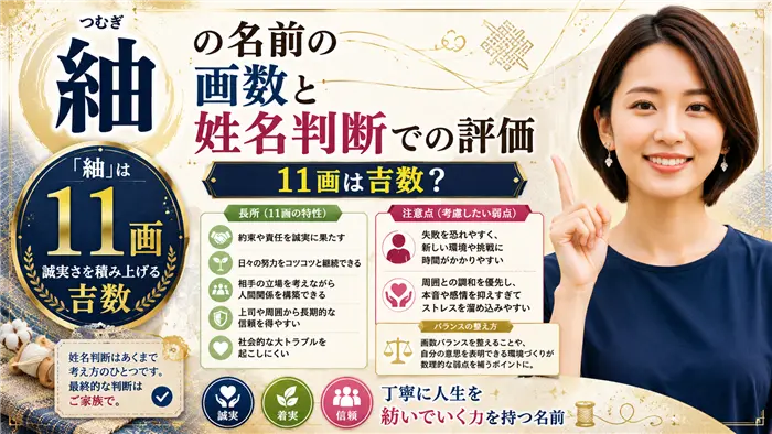 「紬」の11画が持つ姓名判断での意味や運勢の傾向を、誠実さ・努力・信頼といったキーワードとともに分かりやすく解説し、穏やかな表情の女性キャラクターが案内する画像