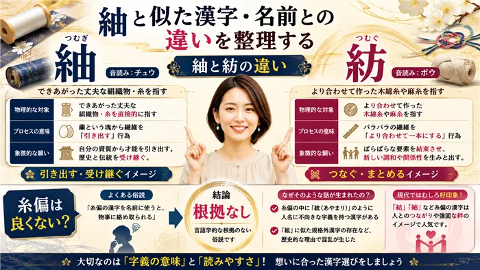 「紬」と「紡」の意味や違いを比較しながら、糸偏の漢字は名前に良くないという俗説の真相を解説する女性キャラクターと和風モチーフを組み合わせた比較解説画像