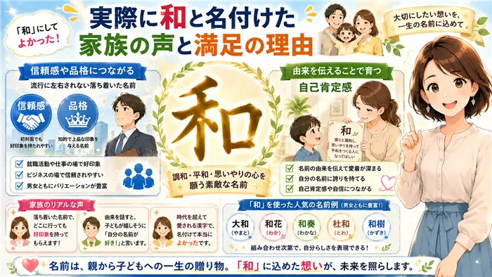 「和」という名前に満足している家族の声をもとに、信頼感や品格、親から子へ名前の由来を伝えることで育まれる自己肯定感の大切さを表現した画像