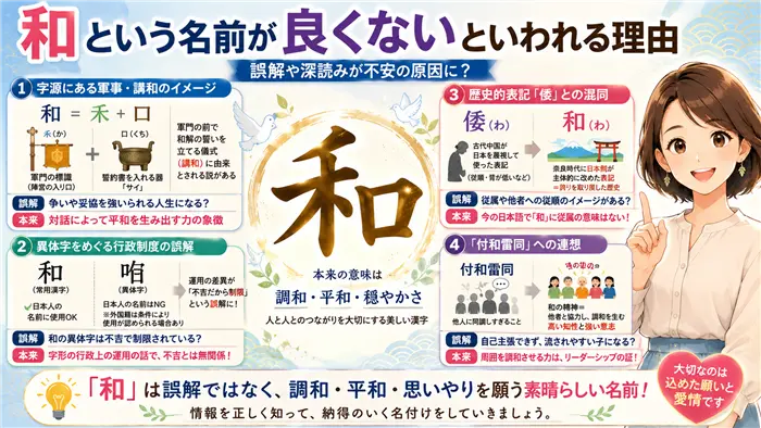 「和」という名前が良くないといわれる理由を、字源・異体字・歴史的背景・付和雷同との連想という4つの視点から整理し、誤解と本来の意味を分かりやすく解説する図解イメージ