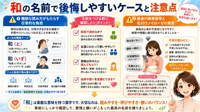 「和」の名前で後悔しやすいケースとして、難読な読み方による日常的な負担や、産後の検索依存による不安を整理し、納得できる名付けのための注意点を分かりやすくまとめた解説画像