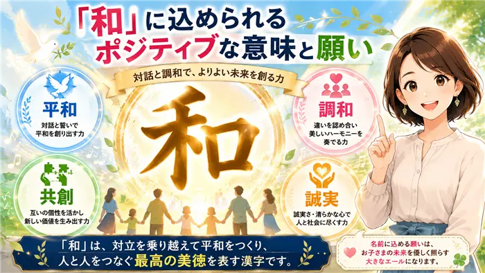 「和」という漢字に込められる平和・調和・共創・誠実さの願いを、美しい光や人とのつながりを通して表現し、名前に託せる前向きな意味を分かりやすく伝えるイメージ画像