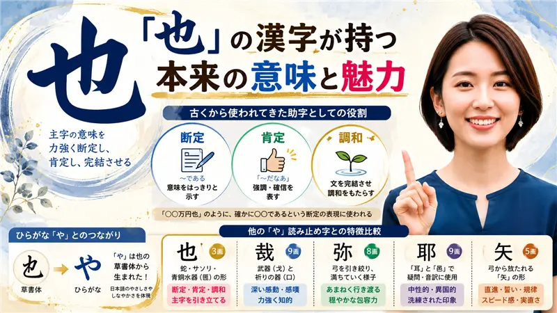 『也』の漢字が持つ本来の意味と魅力について、断定・肯定・調和の意味や、ひらがな『や』とのつながり、他の『や』読み漢字との違いをわかりやすく紹介する画像
