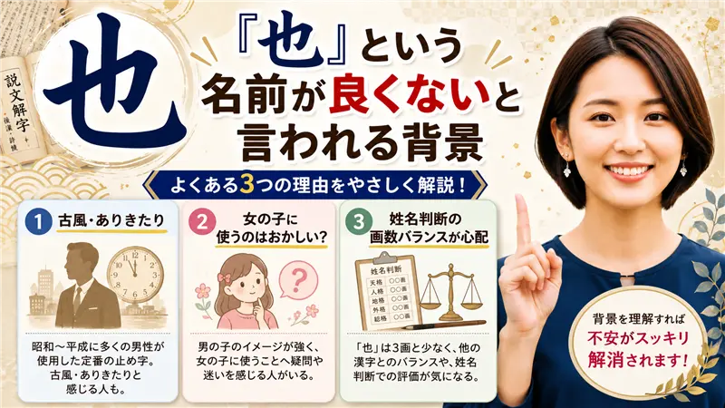 『也』という名前が良くないと言われる背景について、古風なイメージ・女の子への使用・姓名判断の3つの理由を整理し、誤解をやさしく解説する