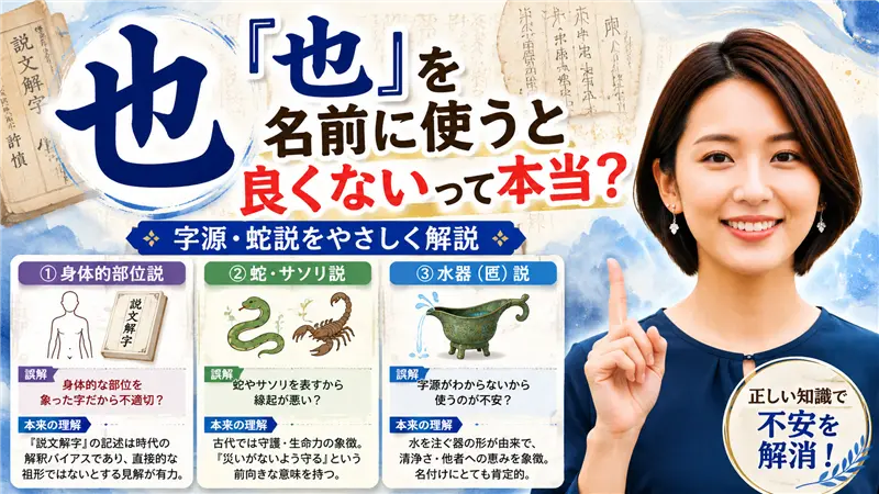 『也』を名前に使うと良くないと言われる理由を、字源・蛇説・水器説の3つの学説を比較しながら、誤解と本来の意味をわかりやすく解説する内容を表現した画像