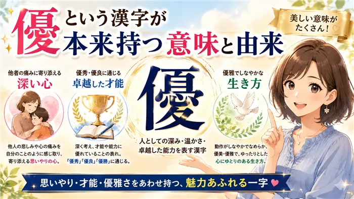 「優」という漢字が持つ本来の意味と由来を、思いやり・才能・優雅さの3つの視点から表現し、温かな女性ナビゲーターとともに分かりやすく解説する画像