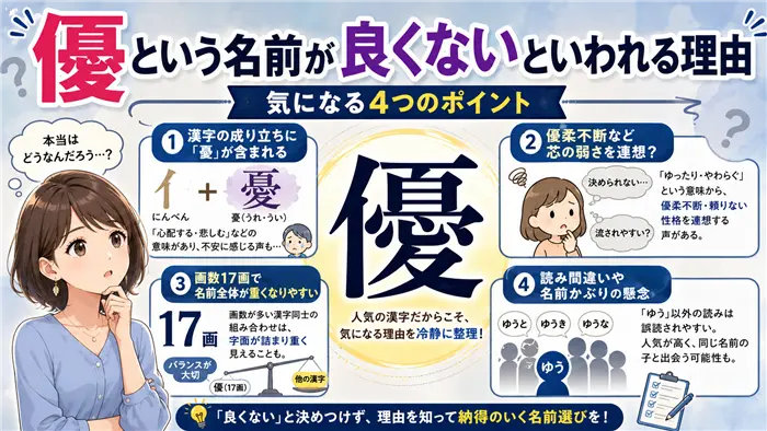 「優」という名前が良くないといわれる理由を、漢字の成り立ち・優柔不断の連想・17画の画数・読み間違いなどの不安要素とともに分かりやすく整理した解説画像