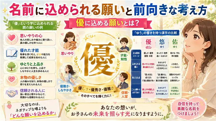 「優」という名前に込められる願いや前向きな考え方を、思いやり・才能・優雅さの象徴とともに表現し、似た漢字との違いも分かりやすく整理した解説画像