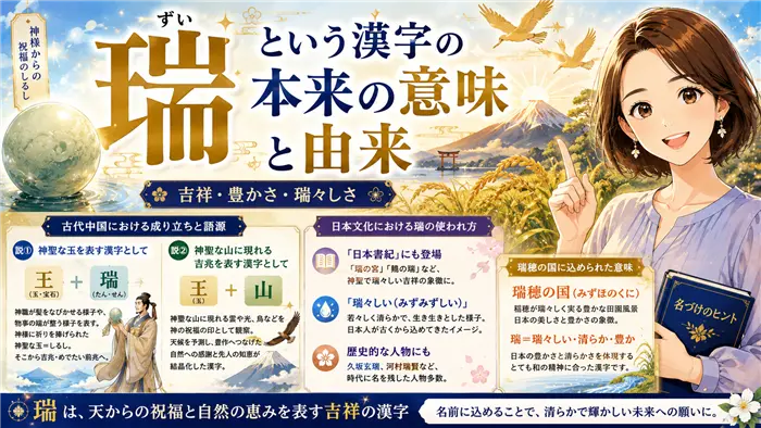 「瑞」という漢字の意味や由来を、神聖な玉・吉兆・瑞穂の国の豊かな自然とともに表現し、日本文化との深い関わりや名前に込められる前向きな願いを伝える画像