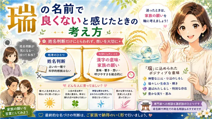 「瑞」という名前に不安を感じたときの考え方を、姓名判断だけにとらわれず、漢字の意味や家族の願いを大切にする視点でやさしく解説する名づけ相談画像