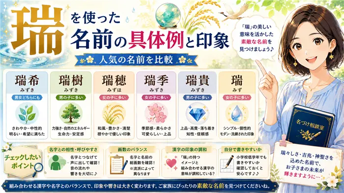 「瑞」を使った名前の具体例や印象の違いを、瑞希・瑞樹・瑞穂などの人気の組み合わせとともに紹介し、名づけのイメージを分かりやすく整理した画像