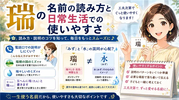 「瑞」という名前の日常生活での使いやすさを、電話での漢字説明や読み方の工夫を交えながら分かりやすく解説し、不安を安心に変える名づけ相談画像