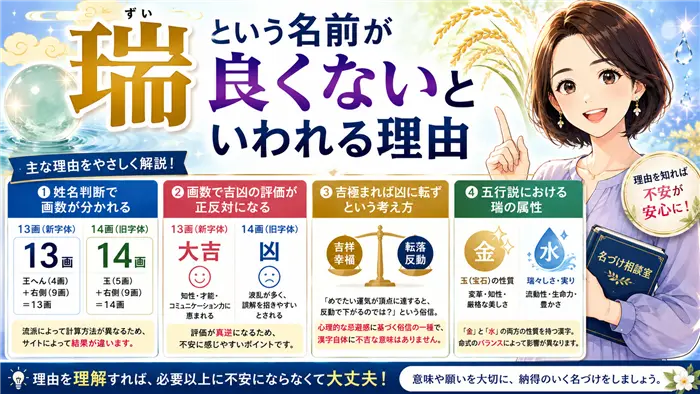 「瑞」という名前が良くないと言われる理由を、姓名判断の画数の違いや吉凶評価の違い、五行説や俗信の考え方を交えて分かりやすく解説する名づけ相談画像